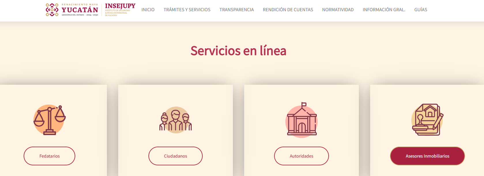 Sección Servicios en línea del INSEJUPY con la opción Asesores Inmobiliarios